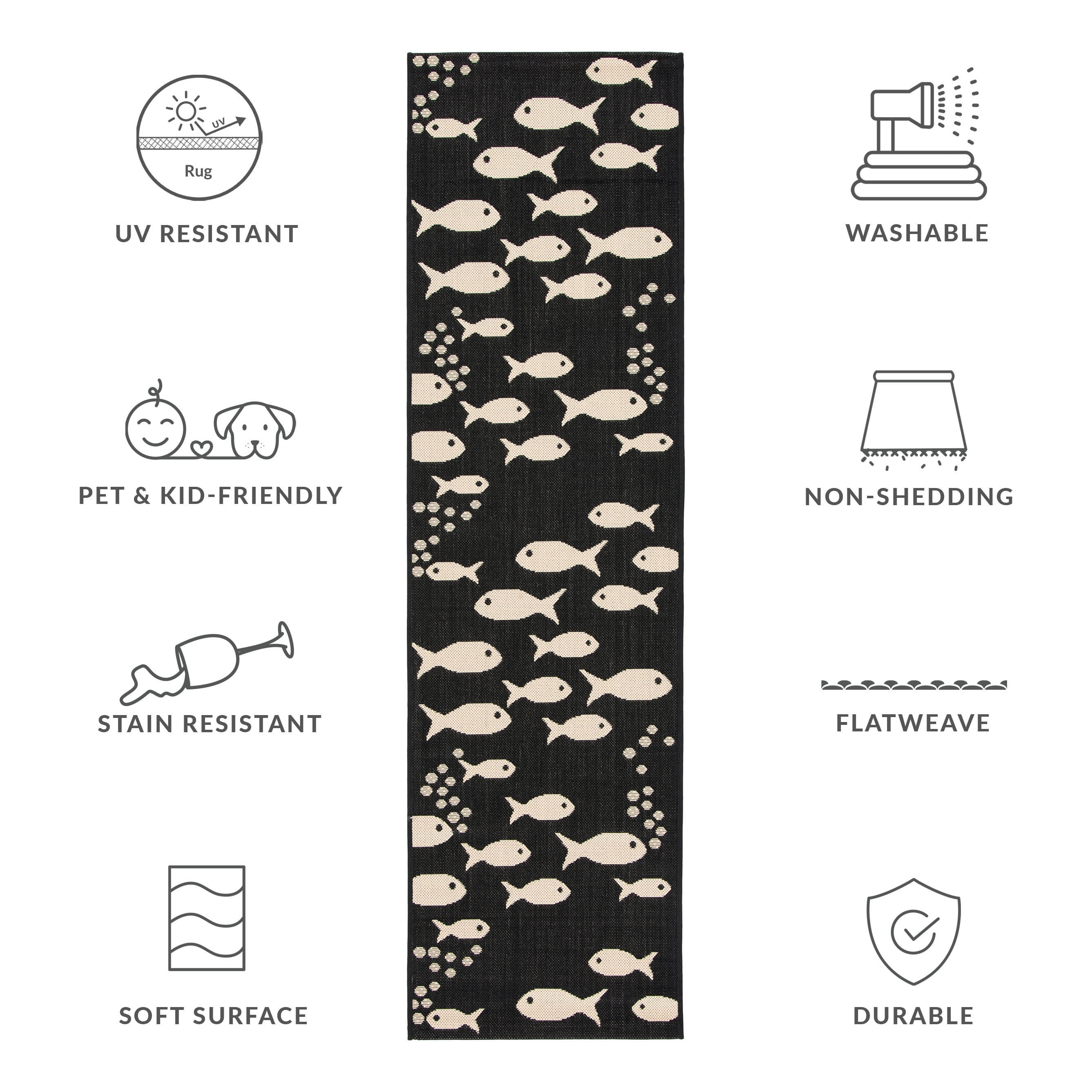 SAFAVIEH Courtyard Trena Fishes Indoor/Outdoor Runner Rug, Black/Beige, 2'3" x 6'7"