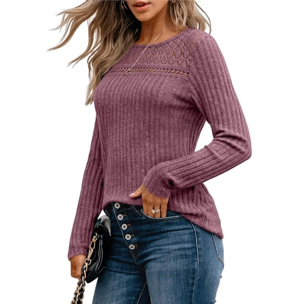 Camisa de Larga con Encaje para Mujer, Top de Otoño, Moda Elegante, Informal, Tipo Túnica, Suéter, Ropa de . Púrpura L