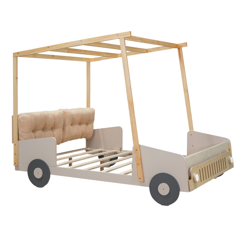 [Luckynote]Wood Full Size Car Bed with Pillow, Ceiling Cloth and LED, Natural
