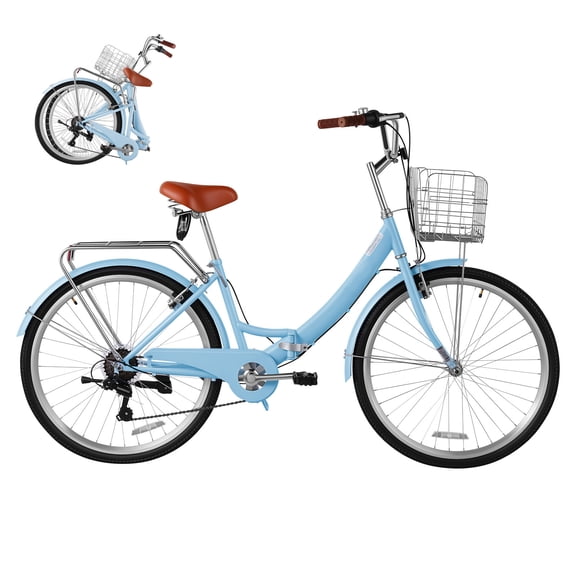 KFFKFF 26-Inch Folding Women's Beach Cruiser Bicycle, 7-Speed Adult City Bike with Steel Frame, 330 lbs Capacity, Basket, Rear Rack, and Dual V-Brakes, Light Blue
