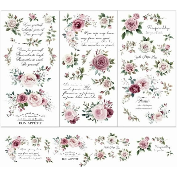 3pcs/Set Purple Rose Rub on Transfers for Furniture and Crafts 6x12 inch Poetry Flowers Furniture Decals Floral Theme Transfer Stickers Rub on Decals for Wood Furniture Home Decor