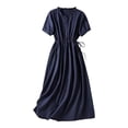 thumbnail image 2 of YuXingFu formal Dresses for Women Maxi Crew Neck Plus Size Womens Dress Short Sleeve Solid Color Long Casual Summer Navy M, 2 of 6