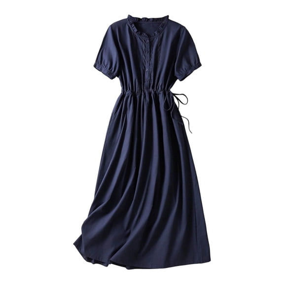 Uscallm Women's Round Neck Short Sleeve Tie Flowy Dress A Line Midi Casual Vacation Dresses, Navy 2XL