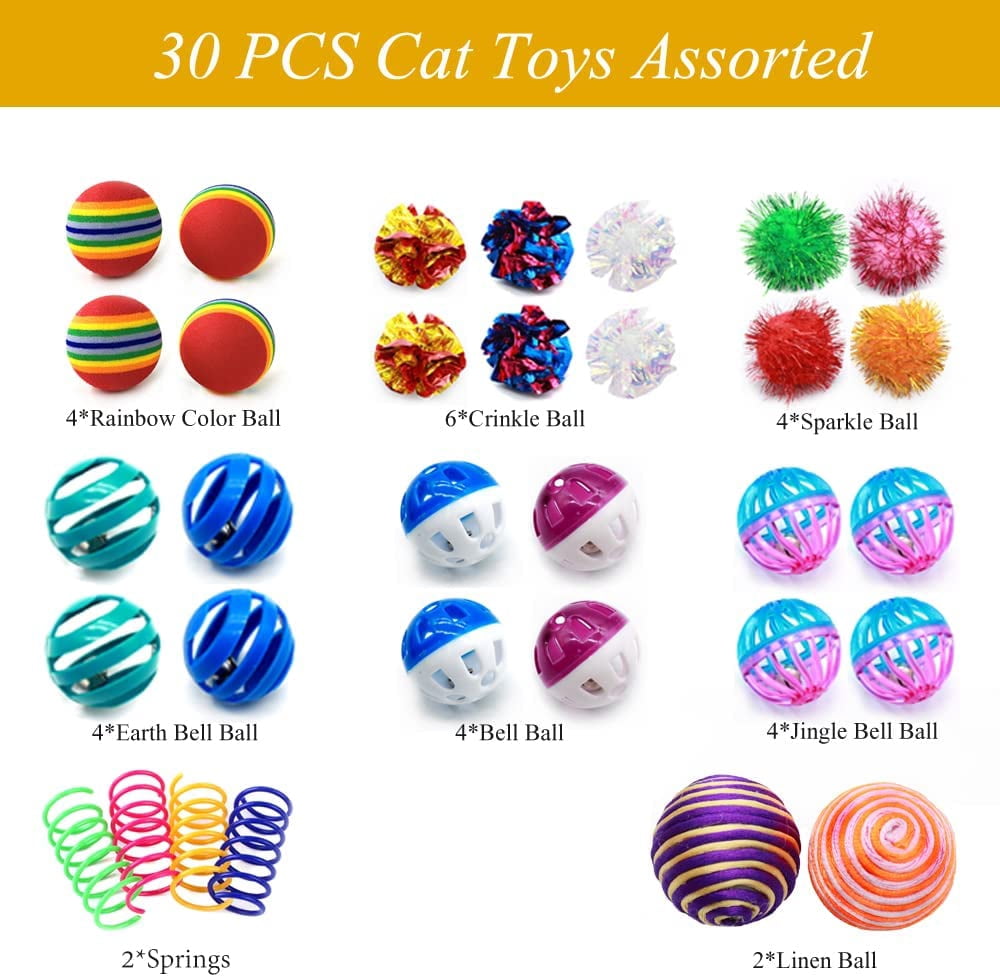 Cat Toys Kitten Assortment - Rainbow, Crinkle, Sparkle, Bell & Sisal Balls for All Cats - 30 Packs