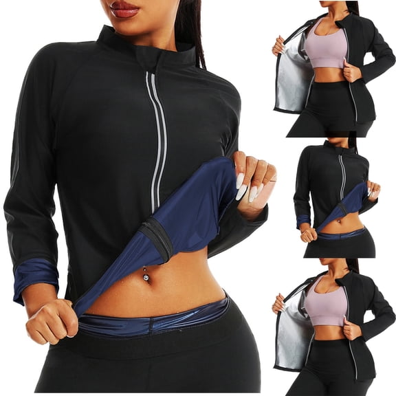 Pukitry Heat Trapping Sauna Suit for Women Hot Sweat Body Shaper Jacket Waist Trainer Long Sleeve Zipper Shirt Workout Top