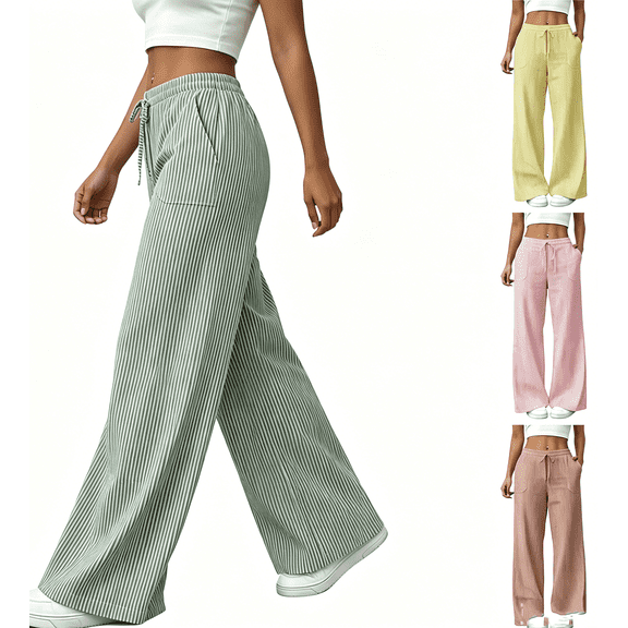 Zynoxe Wide Leg Pants for Women Fashion Striped Elastic Waisted Drawstring Palazzo Pants with Pockets Loose Fit Lounge Pants Women for Daily Wear Pink S