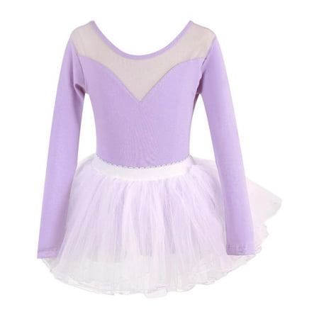 VNKIDY Girls Dress Kids Fashion Multiple Colors Long Sleeve Crewneck Elastic Waist Ballet Leotards Skirt Detail Sheer Panel Comfortable Fit Stylish Dress For Dance Practice Leisure Dress