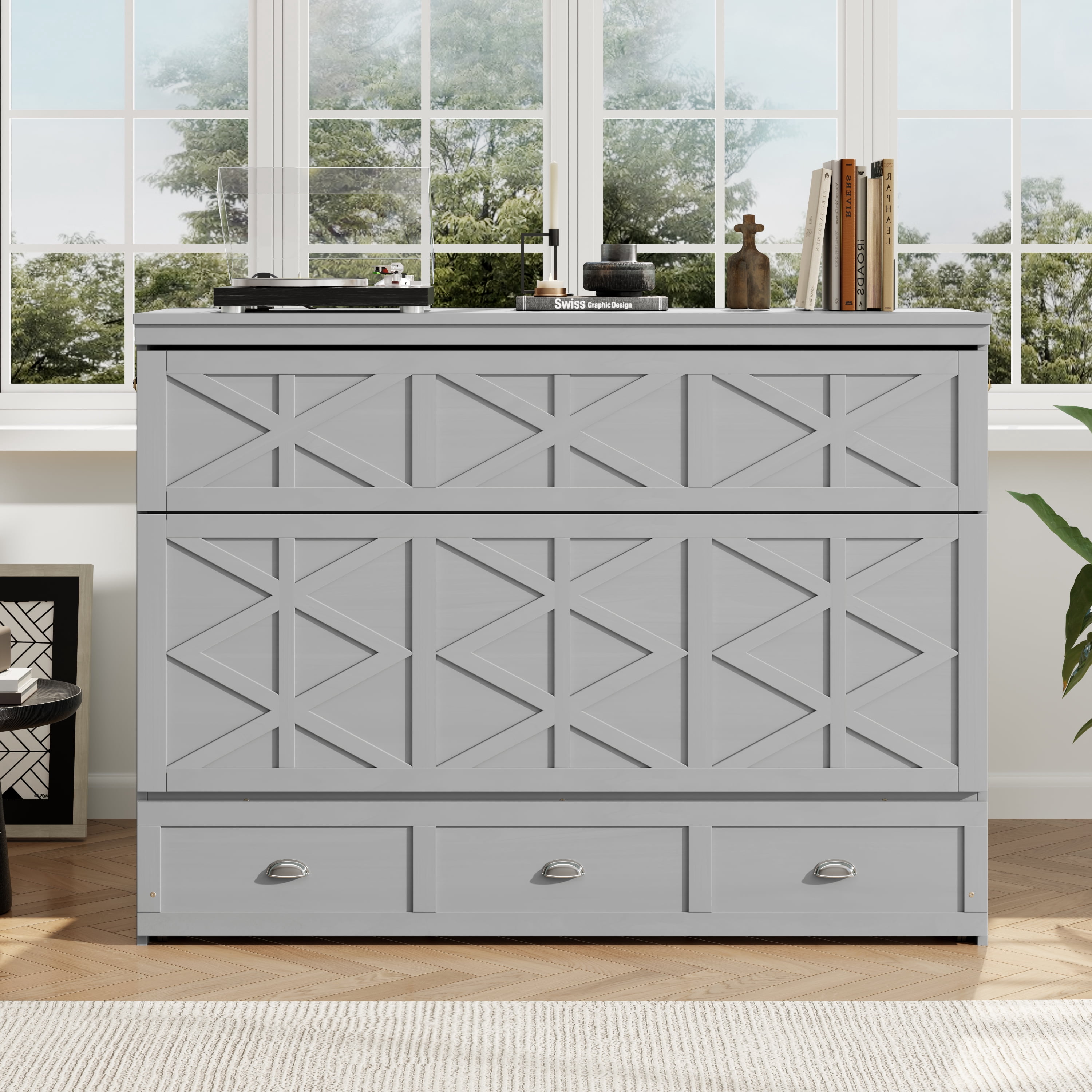 Mintazer Queen Size Murphy Bed with Charge Station & 3 Storage Drawers, Farmhouse Geometric Pattern Foldable Cabinet Wall Bed for Guest Room Small Apartment, Gray