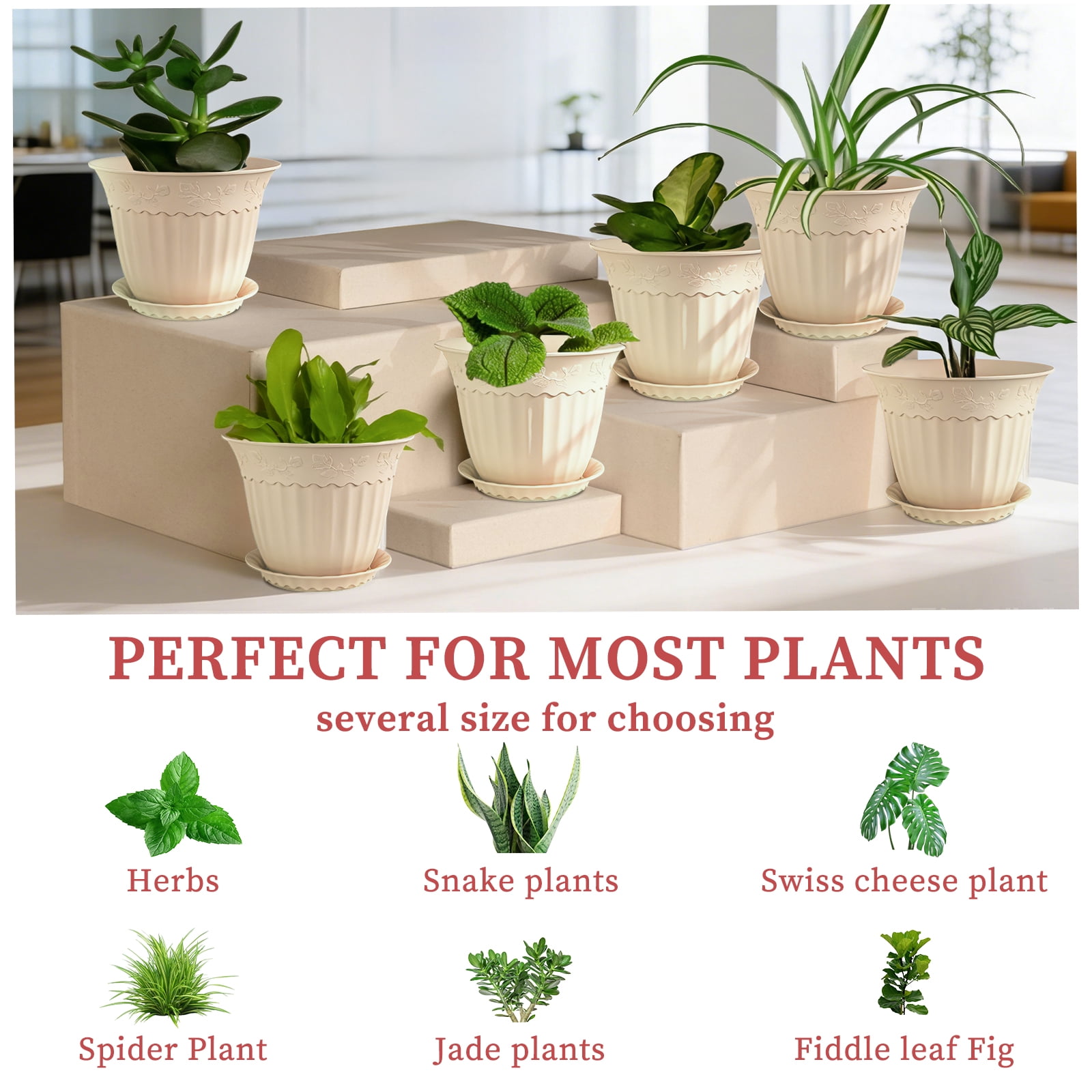 FIASON 6 Pack 8 Inch Beige Embossed Plastic Plant Pots, Vine Pattern Flower Planters with Drainage Holes and Saucers, Indoor Outdoor Decorative Plant Pots