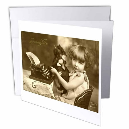 3dRose Print of photo Of Girl On Old Typewriter With Pet, Greeting Cards, 6 x 6 inches, set of 6