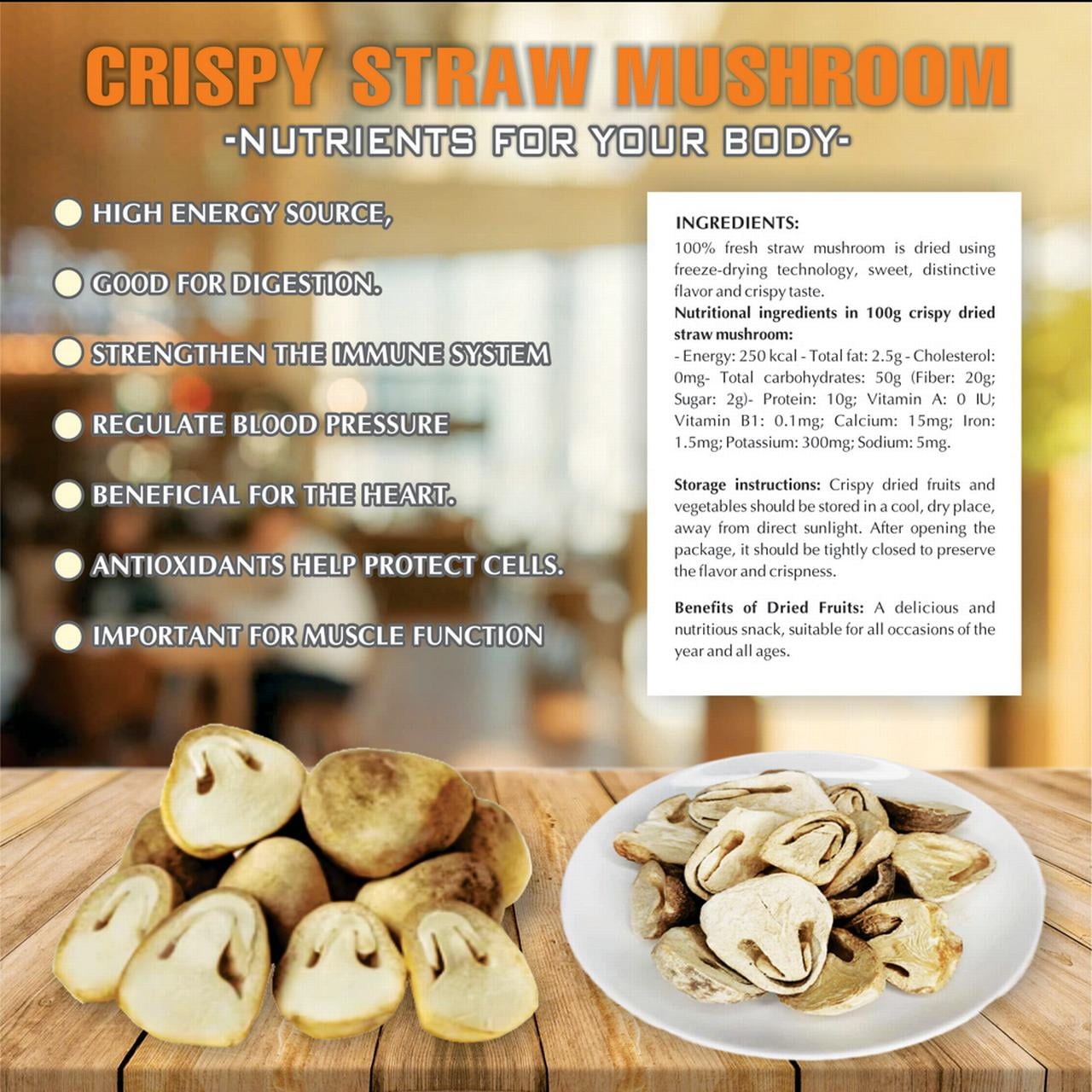 CRISPY STRAW MUSHROOM 1,76 oz (50g) VIETFARMFOOD: Freeze-dried, no sugar added, naturally sweet. Nutritious, pure, and crunchy. Great for snacking, toppings, desserts or healthy gifting
