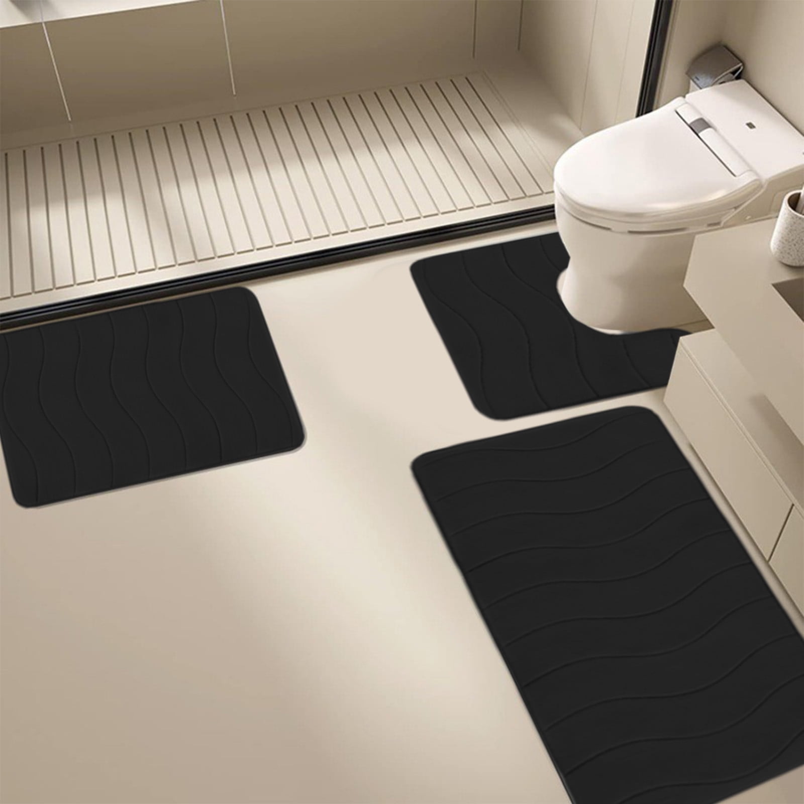 Beautynvta Memory Foam Bath Mat Set, 3 Pieces Quick-Dry Absorbent Bath Mats and U-Shaped Contour Rug for Bathroom, Non-Slip and Soft Comfortable, Black