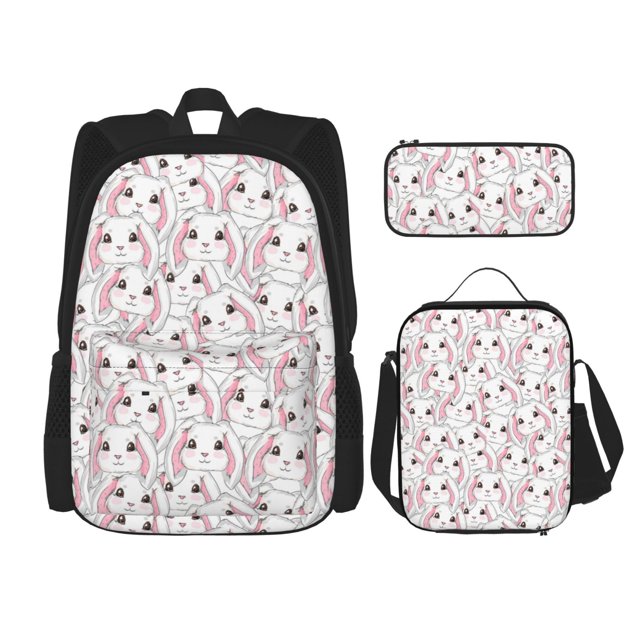 Disketp Cute Rabbit Mochila Estampada de Gran Capacidad con Lonchera y Estuche, Set de 3 Piezas para Estudiantes