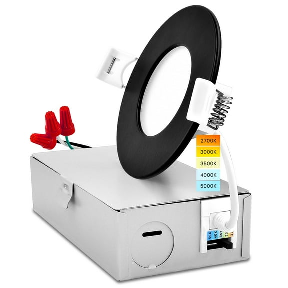 Luxrite 3 inch Ultra Thin LED Recessed Light with J-Box 8W 5 Color Options Dimmable 540 Lumens Black Trim IC Rated