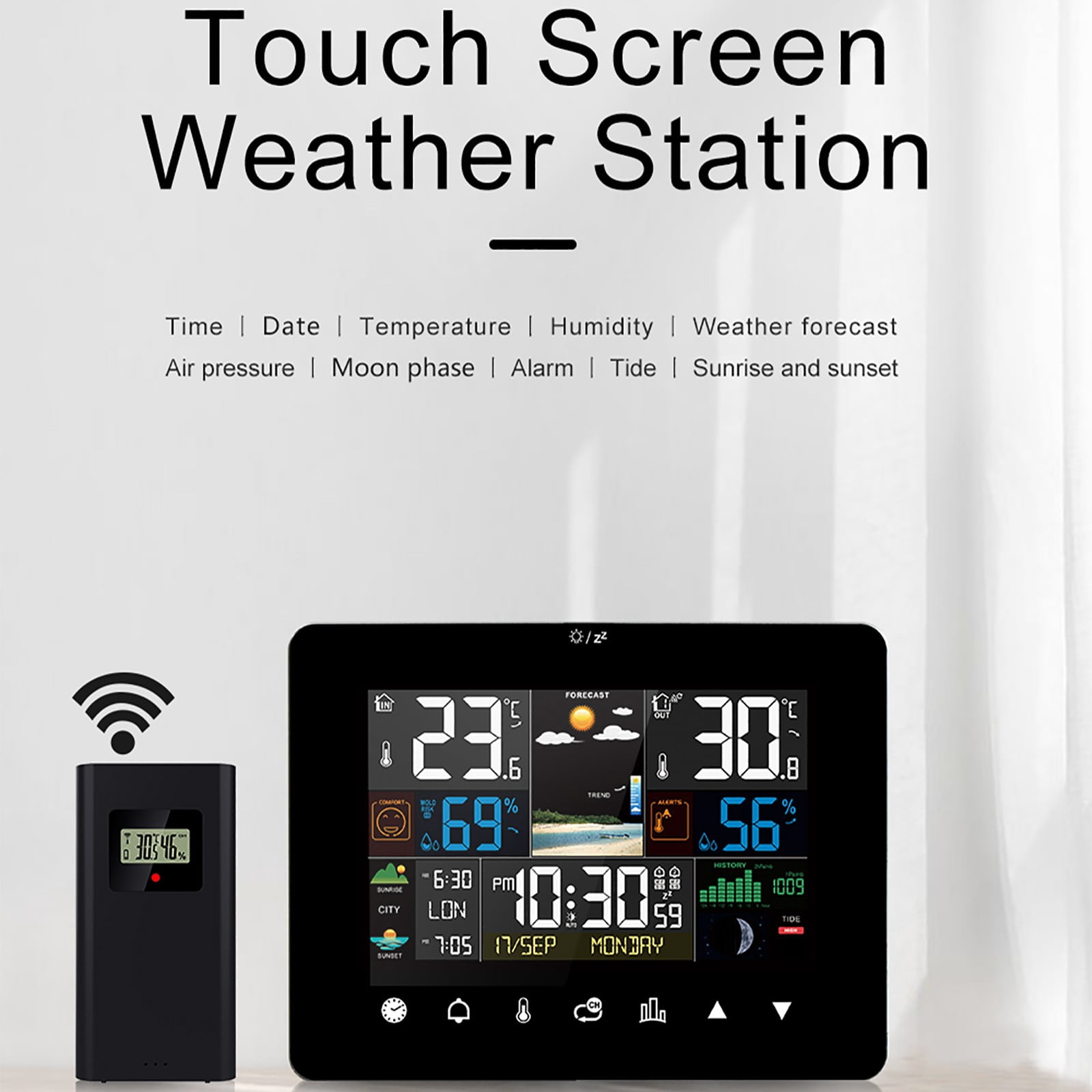 ZHMRFG Color Screen Touchscreen Weather Clock Wireless Temperature Humidity Meter Meteorological Station RF Sensing Multiple Alarm Weather Forecast For Home Office Bedroom Living Room Monitoring