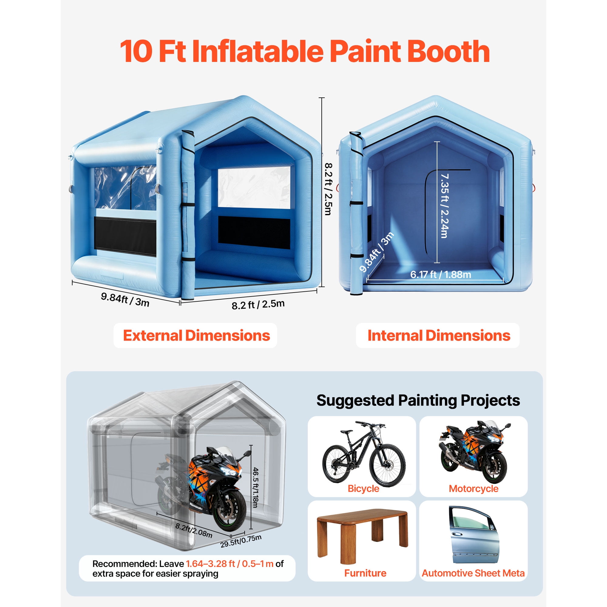 KFFKFF Inflatable Paint, Spray Booth with 550W Blower and Air Filtration System, Triangular Roof Design, 9.84 x 8.2 x 8.2 ft