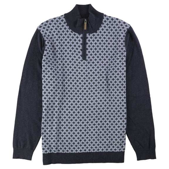 Tasso Elba Mens Patterned Quarter Zip Knit Sweater, Blue, Large