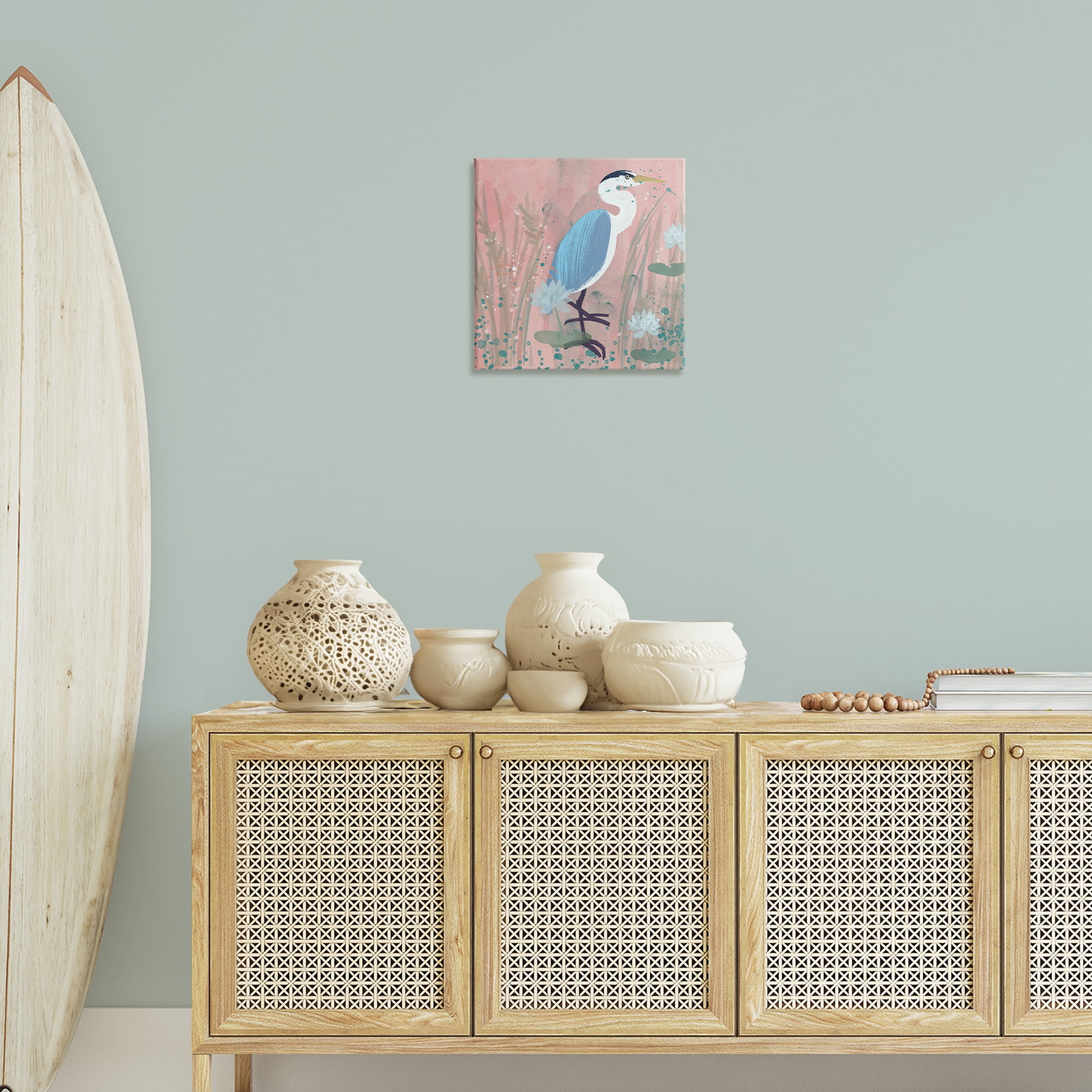 Stupell Industries Coastal Bird with Lotus Flowers Animals & Insects Painting Gallery Wrapped Canvas Art Print Wall Art, 17 x 17