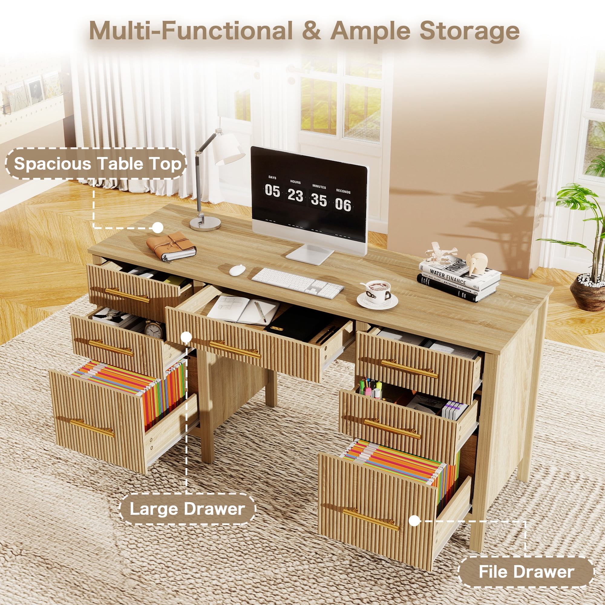 60" Executive Desk with Drawers, Modern Home Office Desk with File Cabinet, Wood Computer Writing Desk Workstation