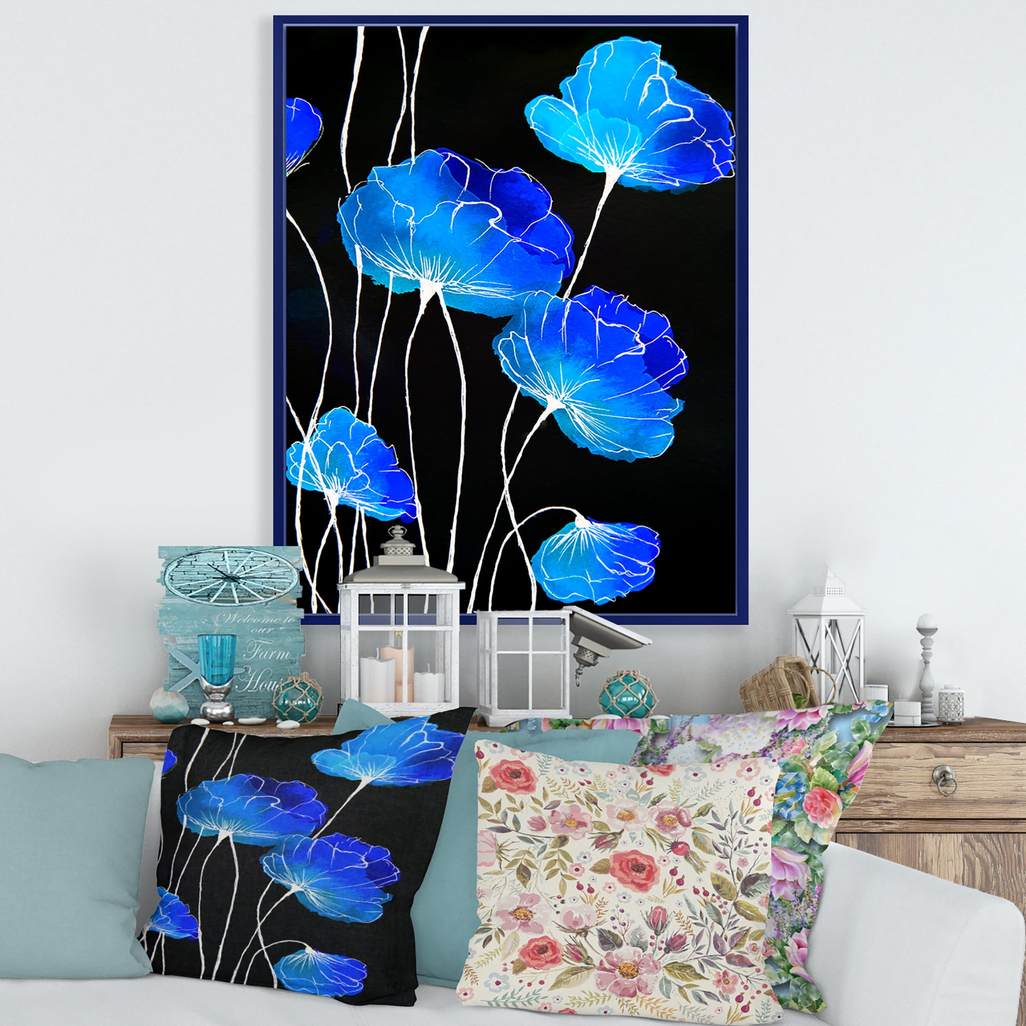 Designart 'Detail of Blue Flowers On Black Background II' Traditional Framed Canvas Wall Art Print