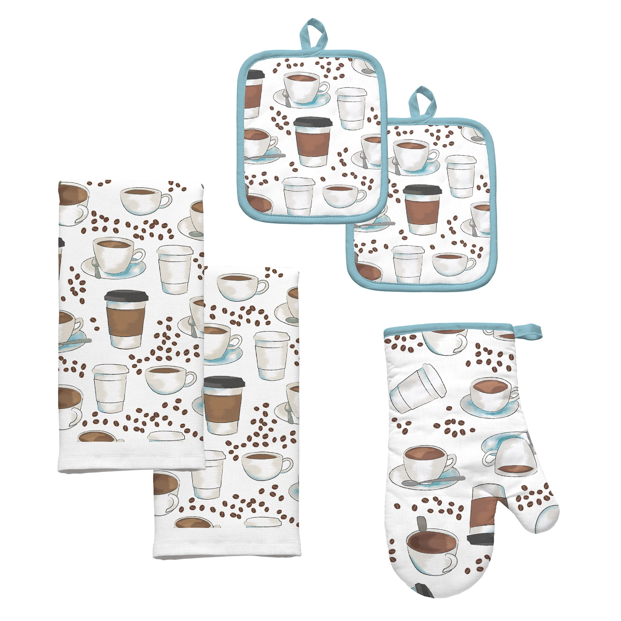 Home Collection "Coffee Time" Cups Kitchen Oven Mitt and 2 Potholders brown red