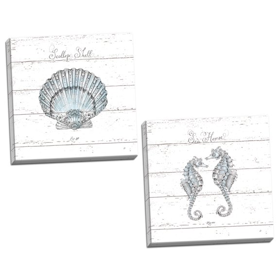 Gango Home Decor Contemporary Aqua Underwater Life V & VIII Shiplap by Daphne Brissonnet (Ready to Hang); Two 12x12in Hand-Stretched Canvases