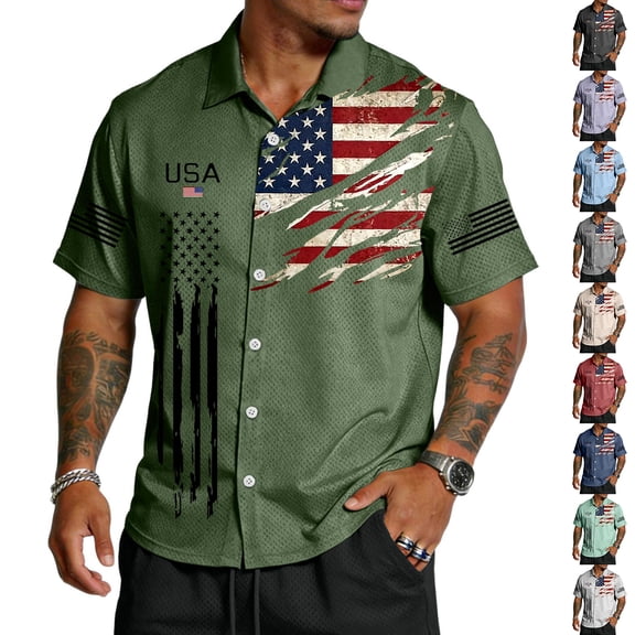 Men's US 250th Anniversary Polo Shirt with Distressed Flag Print and Button Front Featuring Mesh Fabric for Independence Day Celebration Patriotic Events or Summer Parties Beige L