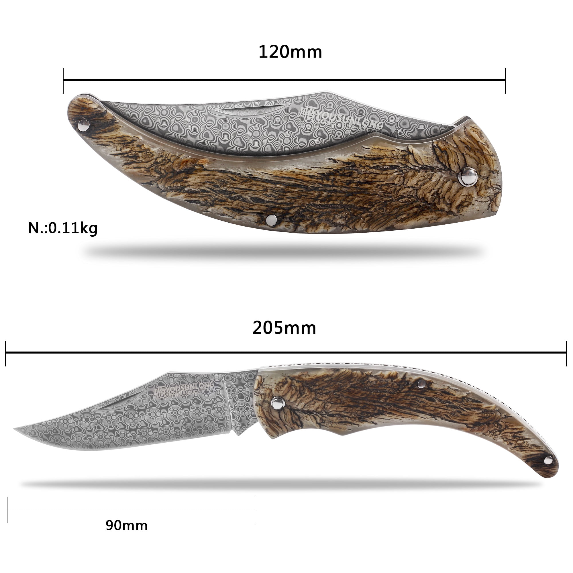 YOUSUNLONG Damascus Steel Folding Knife 205mm Japanese Hunting Pocket Knife with Antelope Horn Handle