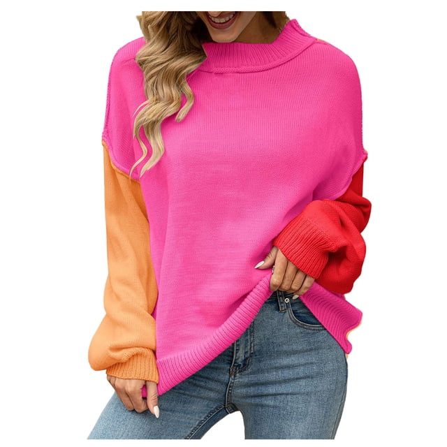 IROINID Women's Round Neckline Pullover Sweater Solid Color Comfy Mid-Length Long Sleeve Plus Size Tops Sweater Blouse