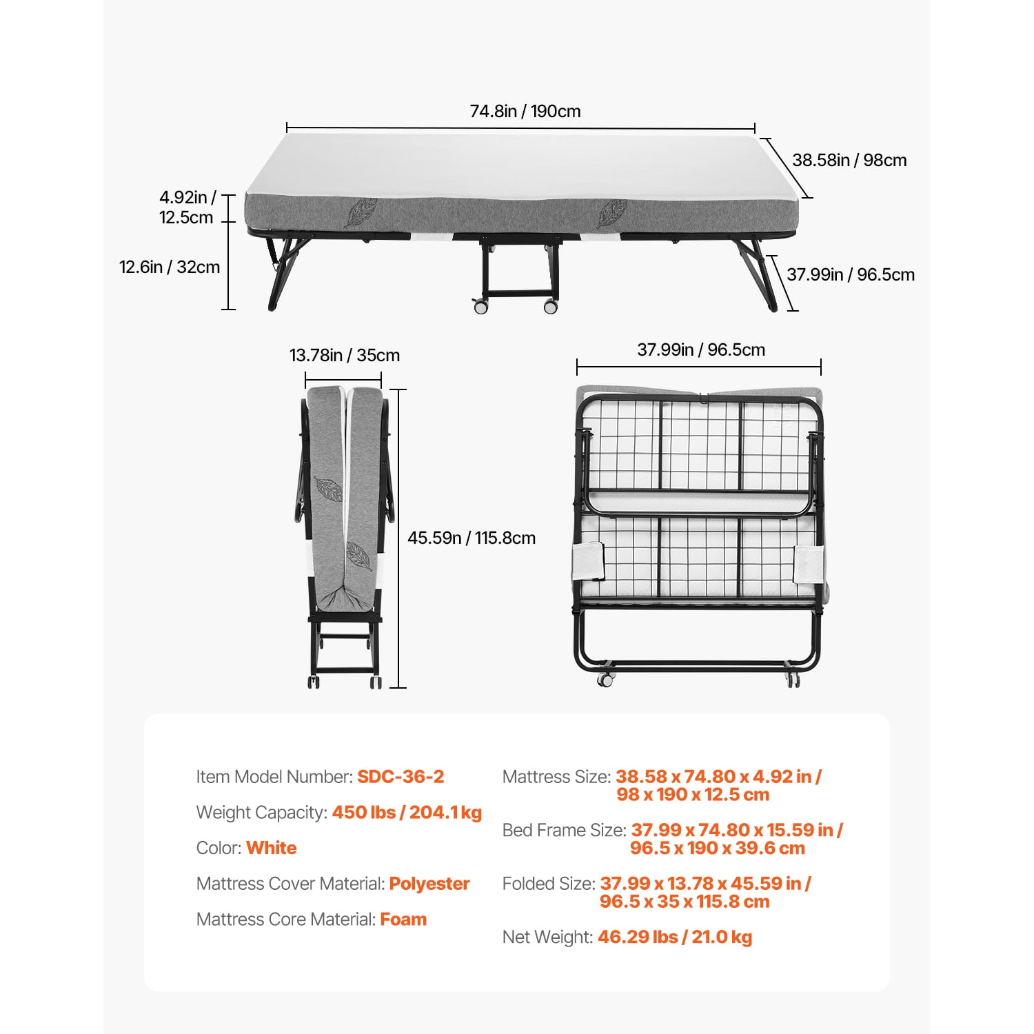 KFFKFF Rollaway Bed, 38 in x 75 in Folding Bed with 5 in Mattress, Twin Size Foldable Bed with Durable Metal Frame & Memory Foam Mattress, Portable Twin Roll Away Bed with Mattress, for Adults, Guest