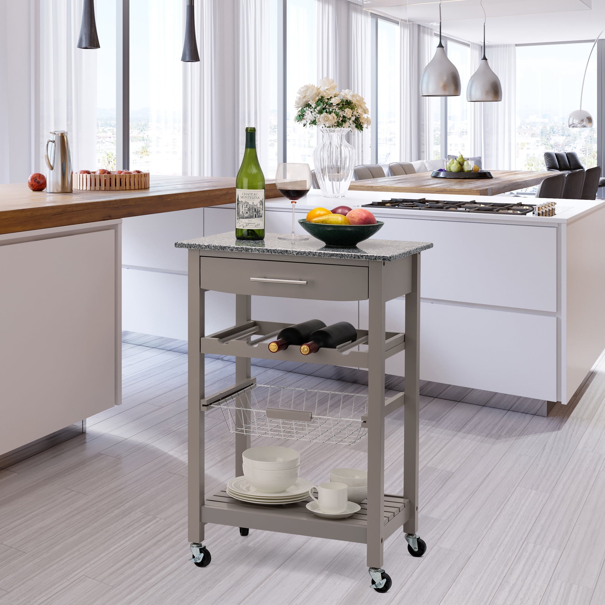 Glitzhome Warm Gray Rolling Kitchen Island with Marble Top Walmart