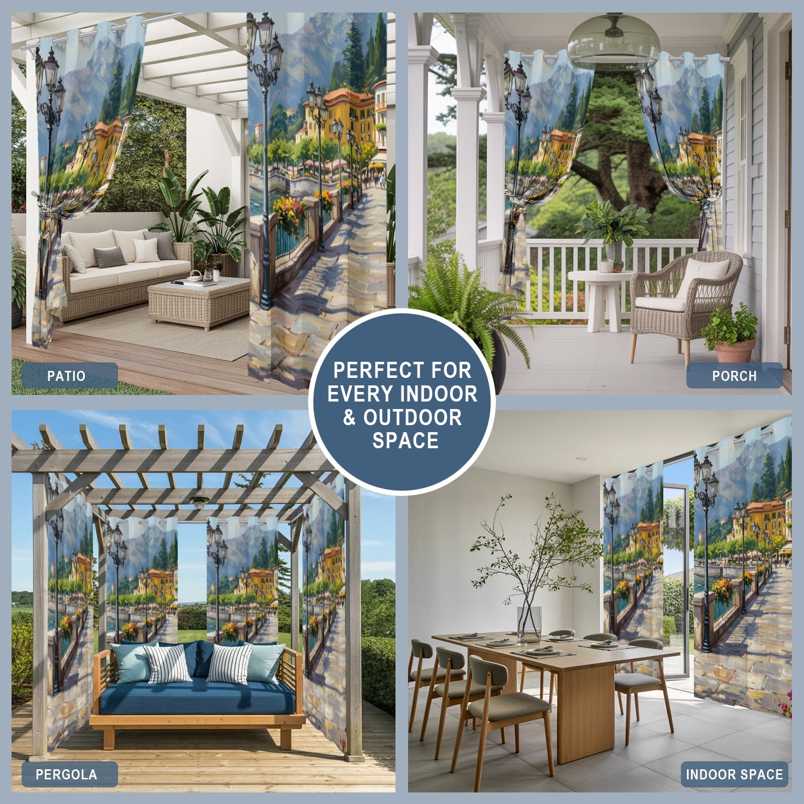 Seaside Walkway Outdoor Curtains for Patio, Coastal Town Mediterranean Scenery Sunshade Privacy Drapes Grommet Waterproof Outside Curtains for Porch/Cabana/Balcony 54"x 108", 1 Panel