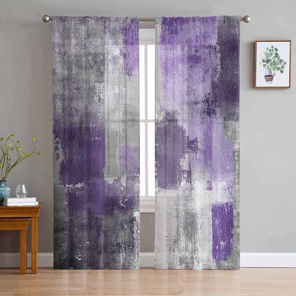 Purple Grey Sheer Curtains 63 Inch Length 2 Panels Set for Living Room/Bedroom, Modern Oil Painted Abstract Art Aesthetics Curtain Sheers Drapes Rod Pocket Curtains Window Treatment Set 52''x63''x2