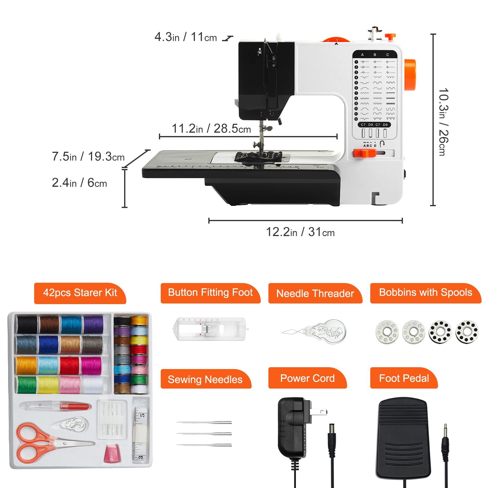 Sewing Machine, Portable Sewing Machine for Beginners with 38 Built-in Stitches & Reverse Sewing, Dual Speed Sewing Machine with Extension Table Foot Pedal, Accessory Kit Family Home Travel