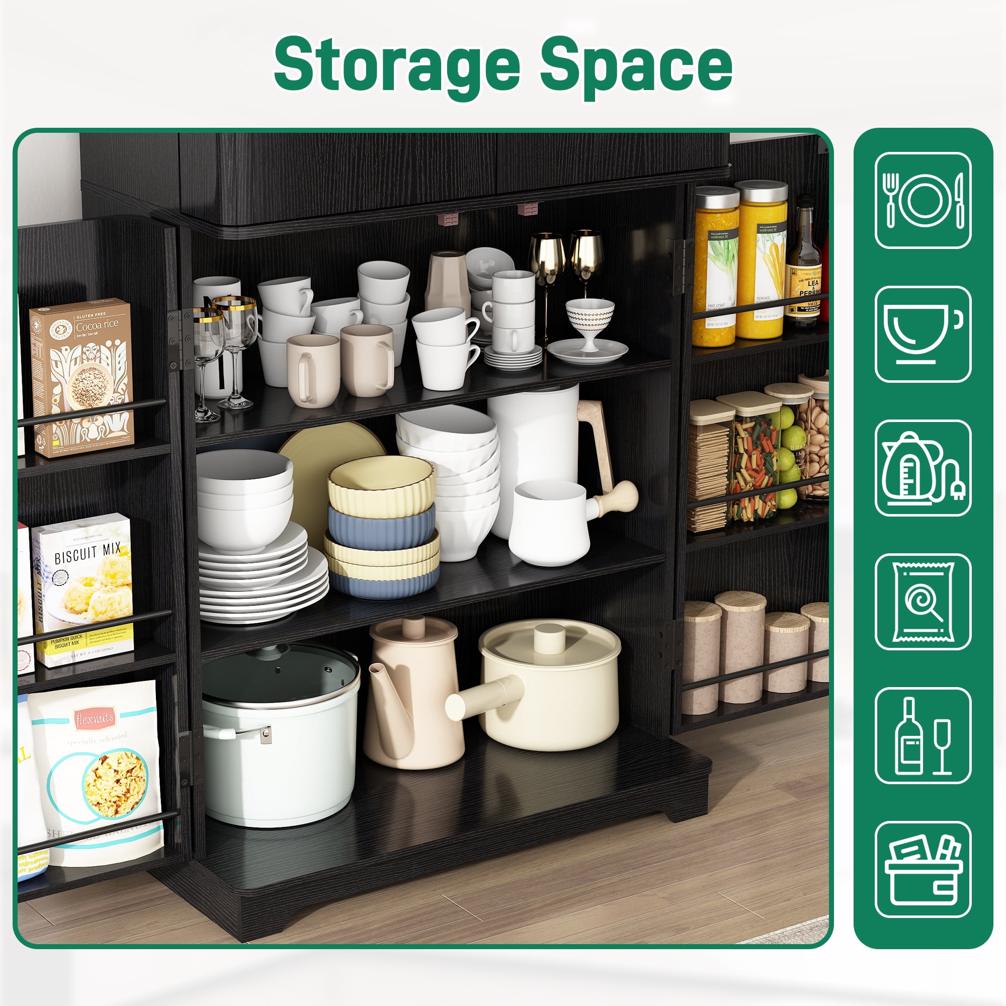 Blotout 72" Tall Kitchen Pantry Cabinet w/ 12 Side Shelves, 6 Layers Modern Cabinet Wood Cupboard, 4 Wood Doors Storage Cabinet w/ Adjustable Shelves for Kitchen, Dining Room, Living Room, Black