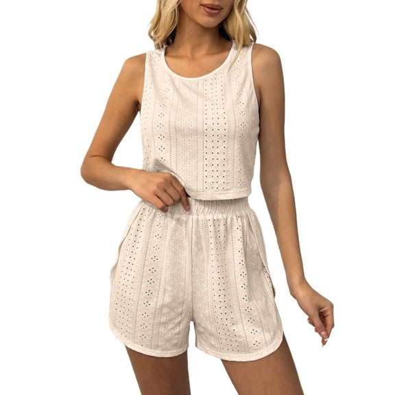 MXUIKV Two Piece Sets for Women Loungewear Loose Fitted Sleeveless Hollow out Tank Tops Elastic Waist Shorts(X-Large,White)
