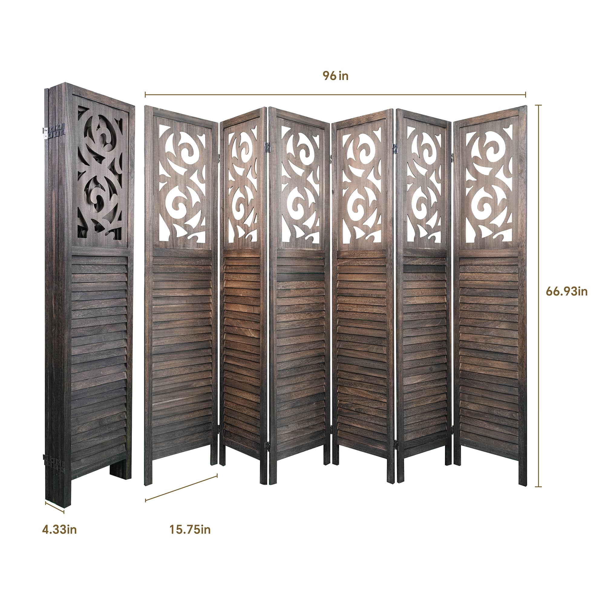 MAYEERTY 6 Panel Freestanding Room Dividers, 6FT Carved Wood Folding Privacy Screens, Rustic Brown