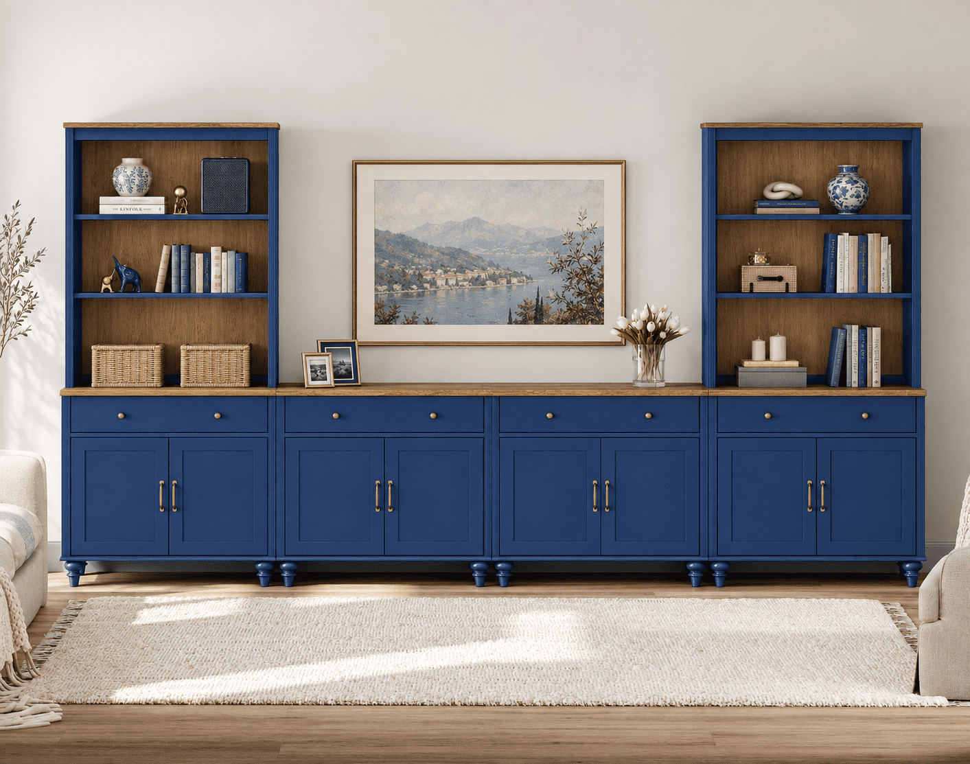 Entertainment Center with Bookshelves for TVs up to 75", Farmhouse Wall Unit TV Stand with 8 Doors & 4 Drawer, Media Console Table for Living Room, Bedroom & Home Theater, Navy Blue