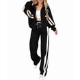 thumbnail image 3 of Womens Fall Sweatsuit 2 Peice Outfits Zip Up Striped Y2K Jacket Wide Leg Pants Matching Tracksuit Set Black M, 3 of 8