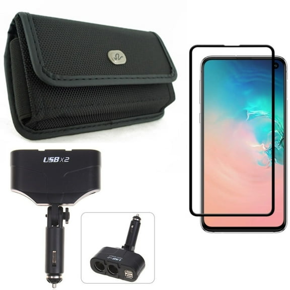 Galaxy S10e Car Charger Splitter w Screen Protector w Case Belt Clip - DC Socket 2-Port USB Power, Tempered Glass 5D Curved Edge, Rugged Holster Canvas for Samsung Galaxy S10e Phone