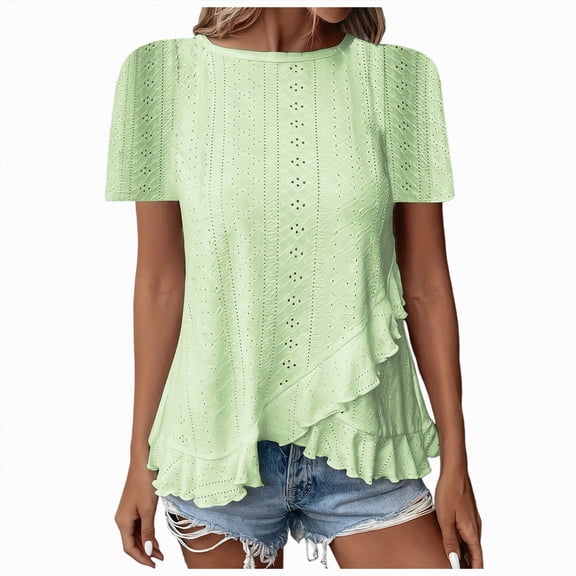 Kaprioy Women's Ruffle Hem Short Sleeve T-Shirt, Casual Summer Crew Neck Blouses Top