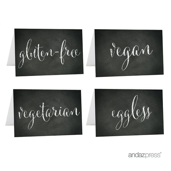 Vegan, Vegetarian, Gluten-Free, Eggless Black Food Station Buffet Menu Place Cards, Vintage Chalkboard, 20-Pack
