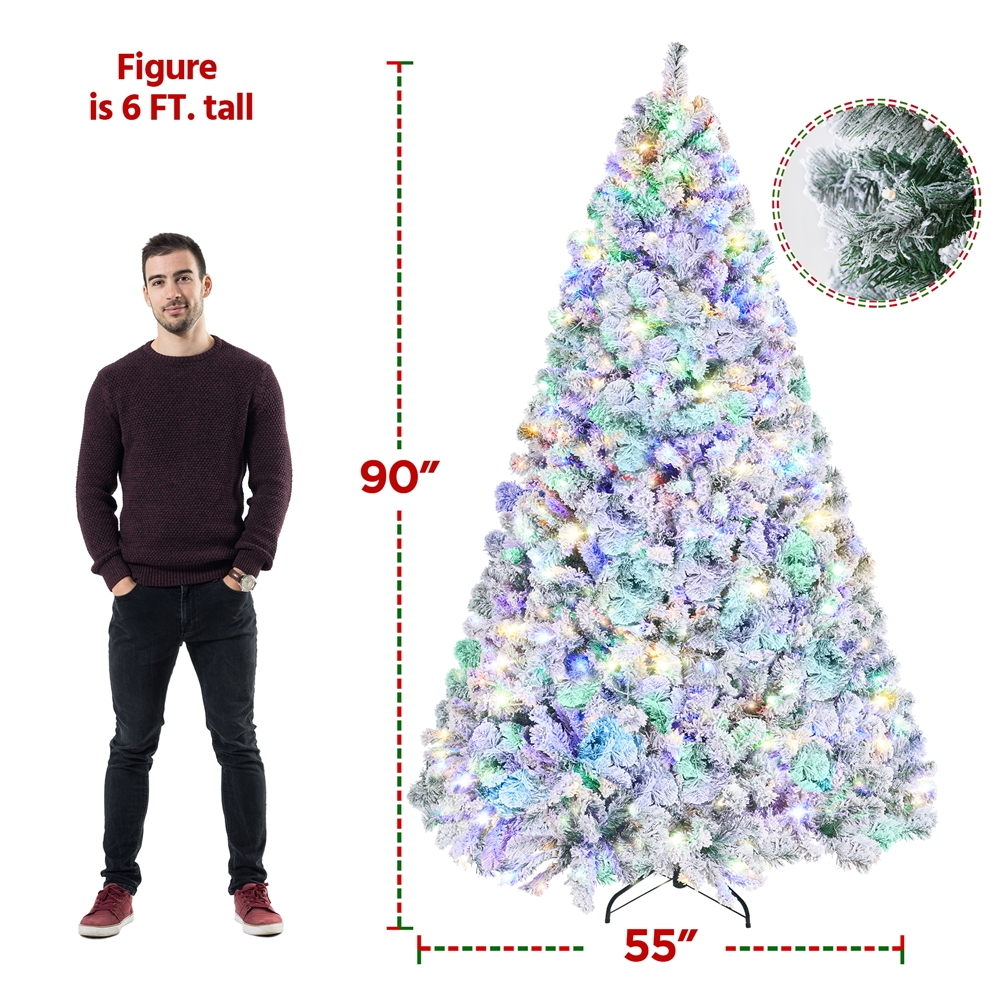 Alden Design 7.5ft Pre-lit Flocked Artificial Christmas Tree with 550 LED Lights for Holiday Decorative, White
