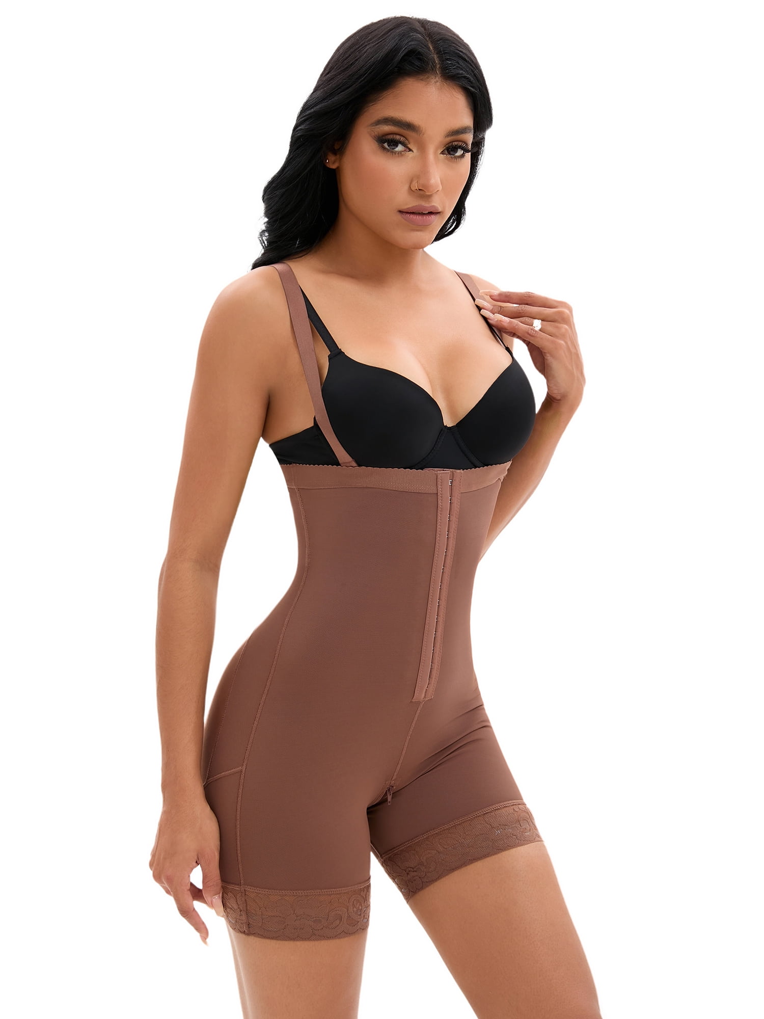 DARING DIVA Women's Cami Front Hook Thigh Slimmers Shapewear Bodysuits Brown M