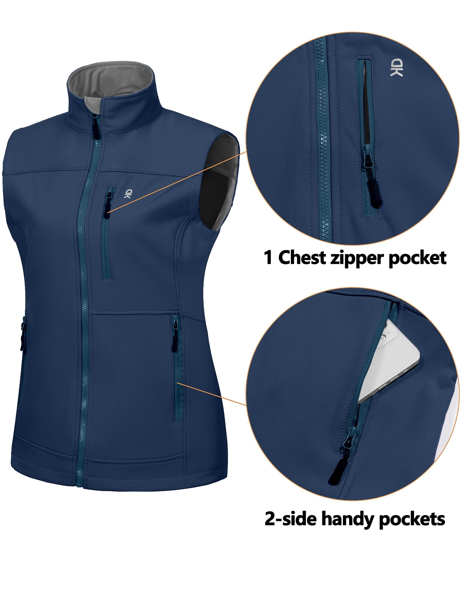 Little Donkey Andy Lightweight Softshell Vest for Women Fleece Lined Outerwear Zip Up Sleeveless Casual Windbreaker Jacket for Golf Hiking Running Jogging Outdoor Travel, Blue X-Small