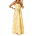 thumbnail image 2 of Women'S Striped Back Smocked Maxi Dress Spaghetti Strap Cut Out Flowy Swing Long Dress Yellow M, 2 of 9