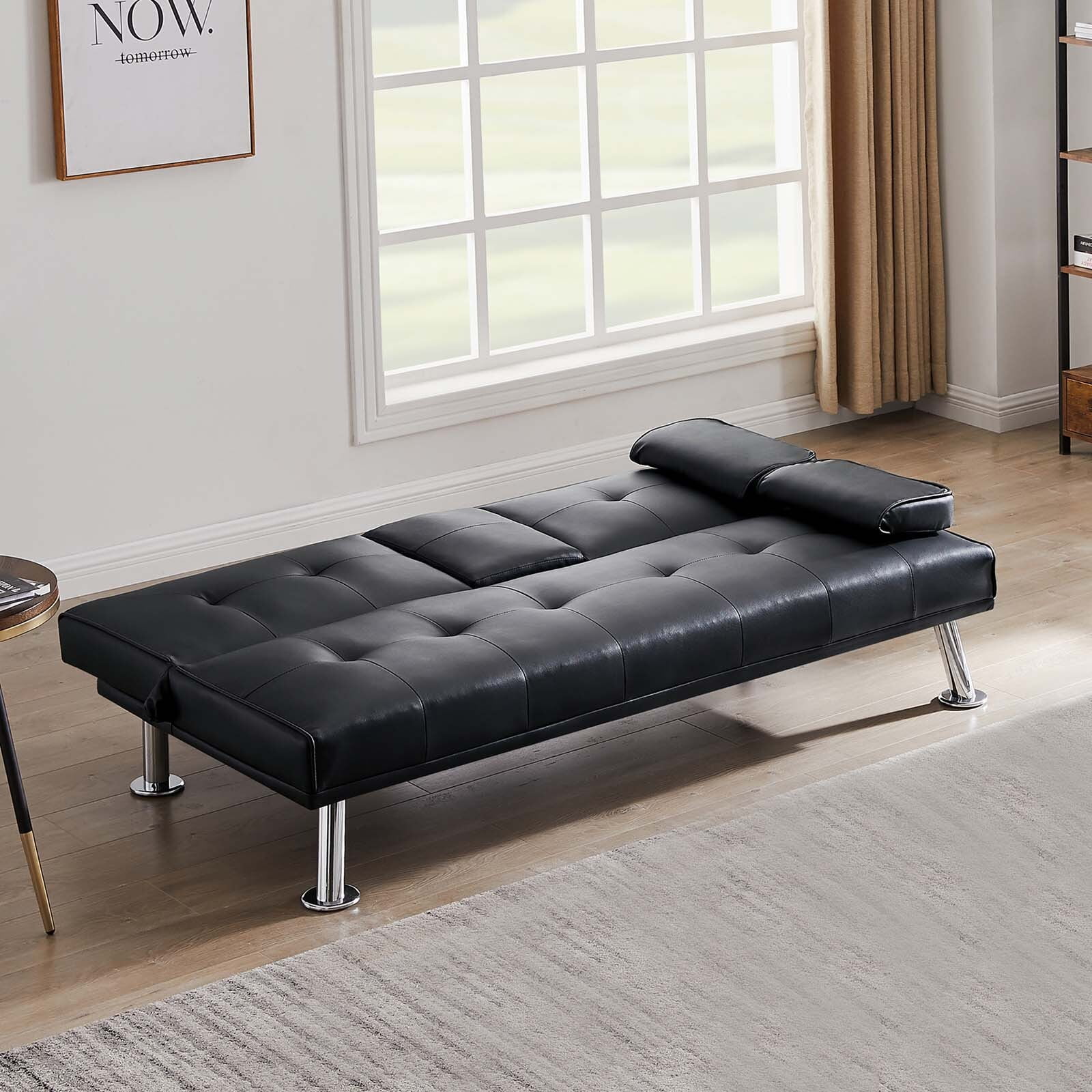 MASBEKTE Modern Faux Leather Loveseat Sofa Bed with Cup Holders