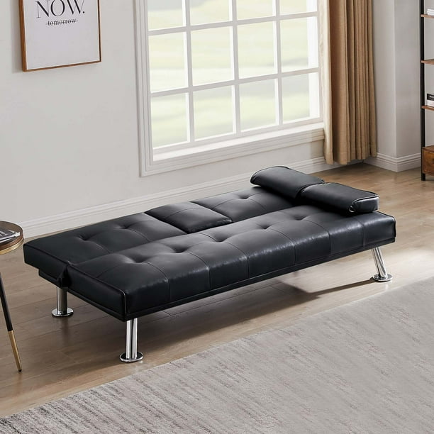 MASBEKTE Modern Faux Leather Loveseat Sofa Bed with Cup Holders