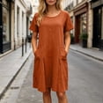 thumbnail image 4 of ClodeEU Women's Linen Blend Short Sleeve Crewneck Dress with Pockets ,Solid Color Casual Loose Fit Summer Dress Orange,Women's Plus M, 4 of 8