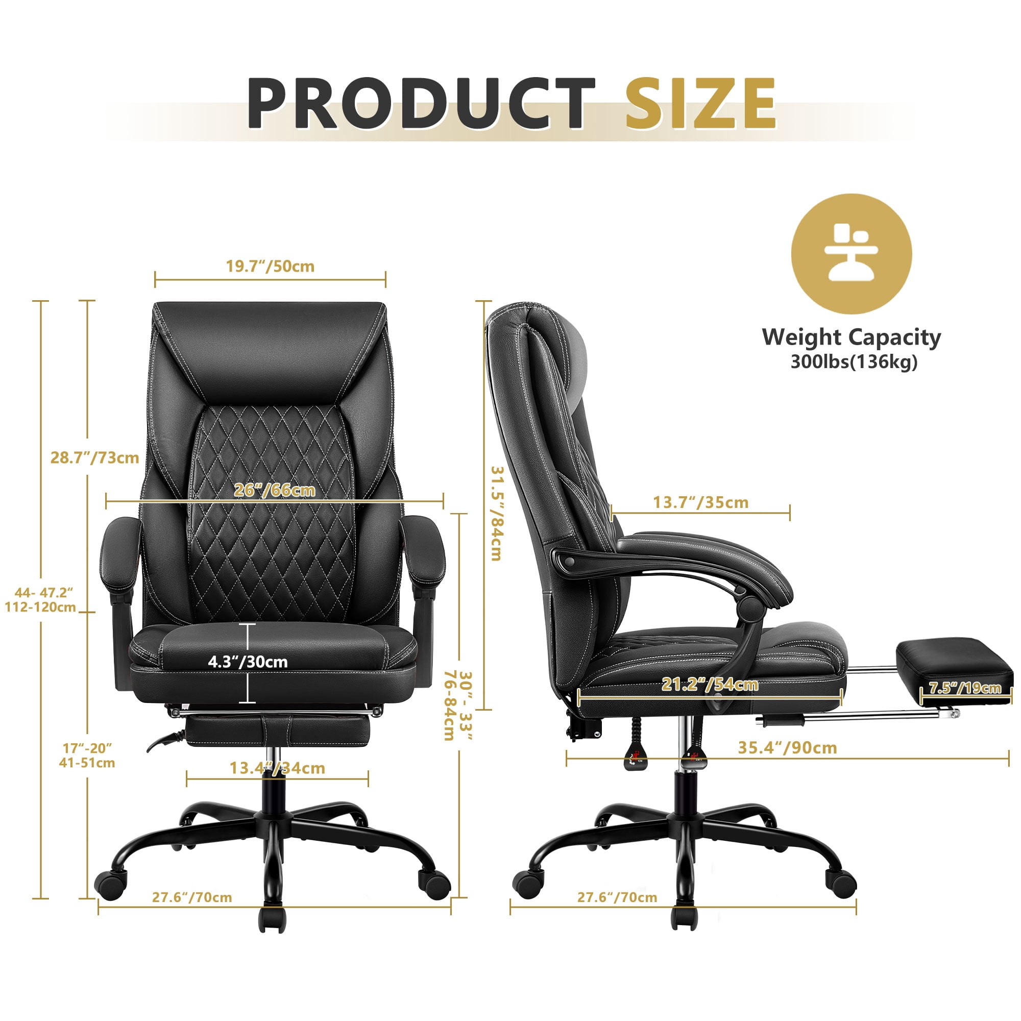 Primy Office Chair with Retractable Footrest, Ergonomic High Back Executive Computer Desk Chair, Big & Tall PU Leather Reclining Chair for Home Office Work